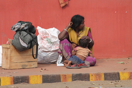 Indian poor at road. Street photo, Shot at Gandhi Maidan, Patna, Bihar, India on 25.02.15 at afternoon hours.のeditorial素材