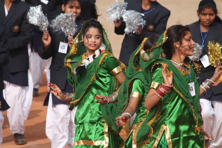 Performers enact roles as India celebrates its 65th Republic Day at Gandhi Maidan, Patna, Bihar, India. Shot at morning hours on 26th January 2014.のeditorial素材
