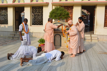 Gaudia temple, Swaroop ganj, Mayapur, Nabadwip, India. ISKCON temple and local activities. Shot on morning, December 28, 2017.  International Society for Krishna Consciousness activities and Mayapur, Nadia District. River Hoogly and Jalangi. Rural religioのeditorial素材