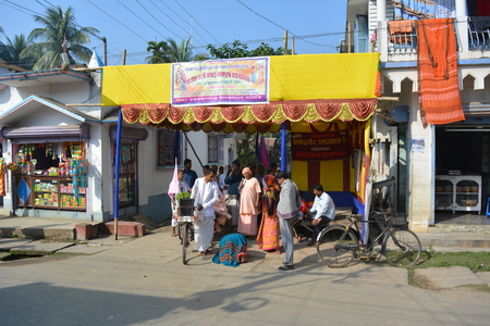 Gaudia temple, Swaroop ganj, Mayapur, Nabadwip, India. ISKCON temple and local activities. Shot on morning, December 28, 2017.  International Society for Krishna Consciousness activities and Mayapur, Nadia District. River Hoogly and Jalangi. Rural religioのeditorial素材