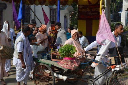 Gaudia temple, Swaroop ganj, Mayapur, Nabadwip, India. ISKCON temple and local activities. Shot on morning, December 28, 2017.  International Society for Krishna Consciousness activities and Mayapur, Nadia District. River Hoogly and Jalangi. Rural religioのeditorial素材
