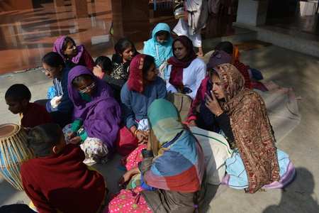 Gaudia temple, Swaroop ganj, Mayapur, Nabadwip, India. ISKCON temple and local activities. Shot on morning, December 28, 2017.  International Society for Krishna Consciousness activities and Mayapur, Nadia District. River Hoogly and Jalangi. Rural religioのeditorial素材