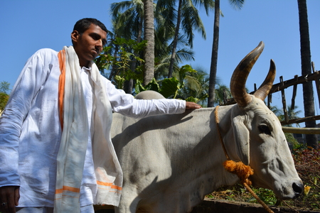 Gaudia temple, Swaroop ganj, Mayapur, Nabadwip, India. ISKCON temple and local activities. Shot on morning, December 28, 2017.  International Society for Krishna Consciousness activities and Mayapur, Nadia District. River Hoogly and Jalangi. Rural religioのeditorial素材