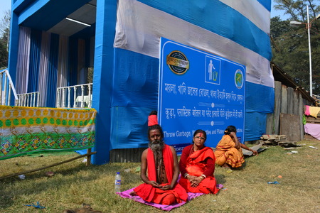 Kolkata, India. 08th January 2018. Naga Sadhus, devotees and rituals at Ganga Sagar Shivir, Outram Ghat transit camp for Ganga Sagar Mela 2018.のeditorial素材