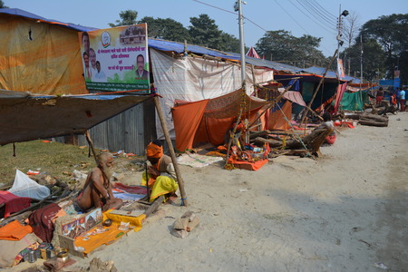 Kolkata, India. 08th January 2018. Naga Sadhus, devotees and rituals at Ganga Sagar Shivir, Outram Ghat transit camp for Ganga Sagar Mela 2018.のeditorial素材