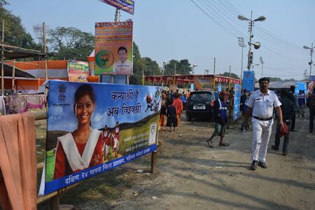 Kolkata, India. 08th January 2018. Naga Sadhus, devotees and rituals at Ganga Sagar Shivir, Outram Ghat transit camp for Ganga Sagar Mela 2018.のeditorial素材