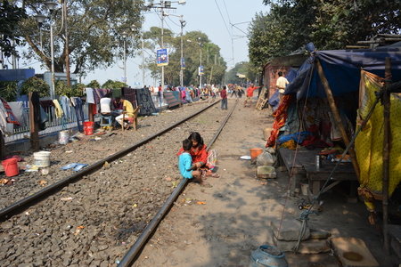Kolkata, India. 08th January 2018. Naga Sadhus, devotees and rituals at Ganga Sagar Shivir, Outram Ghat transit camp for Ganga Sagar Mela 2018.のeditorial素材