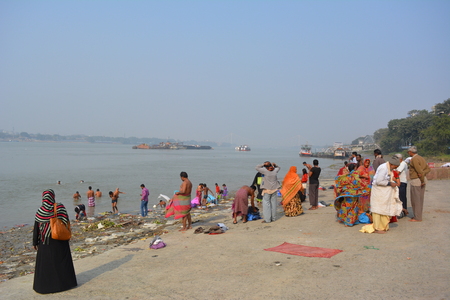 Kolkata, India. 08th January 2018. Naga Sadhus, devotees and rituals at Ganga Sagar Shivir, Outram Ghat transit camp for Ganga Sagar Mela 2018.のeditorial素材