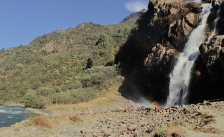 scenic nuranang waterfalls or jang waterfalls (bong bong falls) in tawang district, a popular tourist attraction of arunachal pradesh, indiaの写真素材