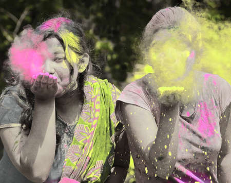 Diamond Harbour, West Bengal, India - 21 march 2019: two girls are celebrate holi festival. the indian hindu festival is also known as festival of colours and festival of springのeditorial素材