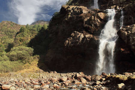 nuranang waterfall or jang waterfall, a popular tourist place near tawang in arunachal pradesh, north east indiaの写真素材
