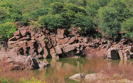 western ghats foothilss and rocky landscape at hogenakkal in tamilnadu, india