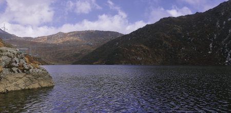 beautiful changu lake or tsongmo lake a popular tourist destination of sikkim,  surrounded by himalaya mountains in east sikkim, indiaの写真素材