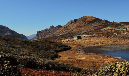 alpine tundra landscape and remote countryside area of high himalayan region of tawang district in arunachal pradesh, north east indiaの写真素材