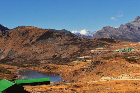 panoramic view of beautiful himalaya mountains, remote countryside area of tawang district in...