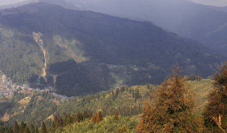 panoramic view lush green himalaya mountains foothills from simana basti view point, at the...