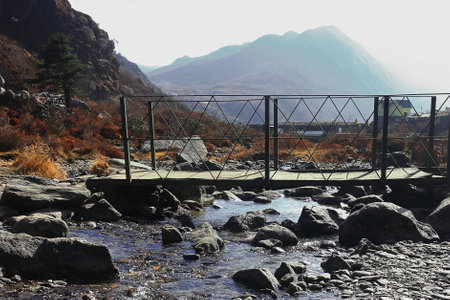 remote rural area of east sikkim, scenic alpine landscape and valley surrounding by himalaya mountains, autumn season in indiaの写真素材