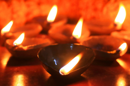 happy diwali or deepavali festival. decorated with traditional oil-lamp or diya. diwali is a indian hindu festival also known as festival of lightsの写真素材