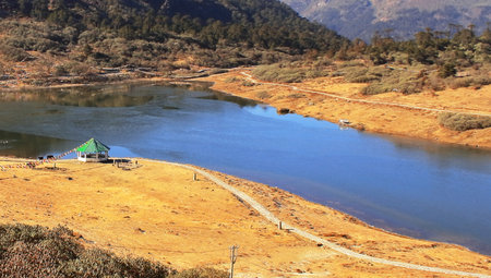scenic alpine meadows and beautiful pt tso or penga teng tso lake, remote himalayan mountain area of...