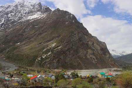 scenic landscape jispa village, snowcapped himalaya mountains and lush green bhaga river valley of...