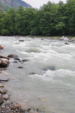 indus river's important tributary beas river flowing through the beautiful lush green mountain...
