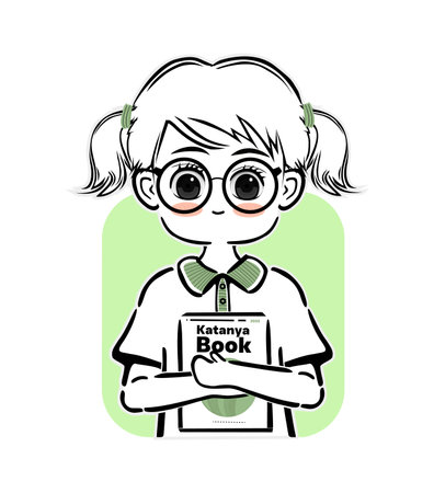 Cute schoolgirl with glasses holding a book. Vector illustration.のイラスト素材