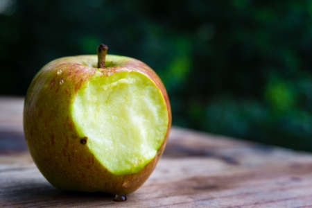 A close up shot of a half eaten apple with visible seed in natural settings
