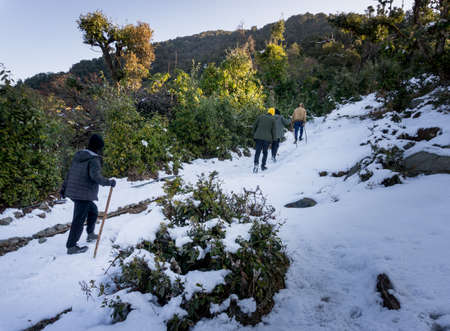 February 9th 2021 Uttarakhand INDIA. Hikers with backpacks and walking sticks on a Himalayan trek during snow.の写真素材