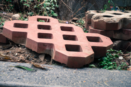 An outdoor loose footpath red tile. Dehradun city, India.の写真素材