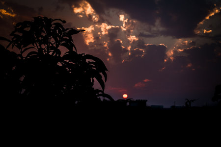Evening shot of a sunset with colorful Cloudscape taken at the golden hour. Dehradun City of Uttarakhand, Indiaの写真素材