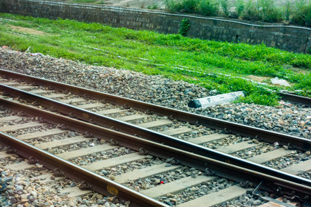 A railroad switch ( AE ) or turnout points on the tracks. Northern Indian Railways. India.の写真素材
