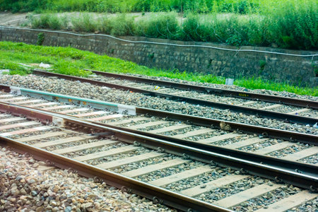 A railroad switch ( AE ) or turnout points on the tracks. Northern Indian Railways. India.の写真素材