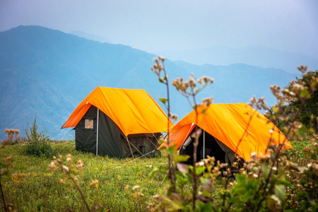 Camps with orange outer fly on a Camp Ground. Nag Tibba, Himalayan region of Uttarakhand. Trekking And Campingの写真素材