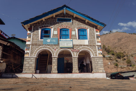 November 30th 2022. Tehri Garhwal, Uttarakhand India. A post office in Uttarakhand harmoniously...
