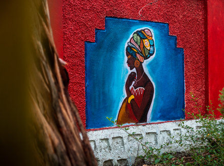 Oct25th2024 Dehradun City India. A vibrant graffiti artwork depicting a native Garhwali woman on a wall in Dehradun, Uttarakhand, India. Urban art celebrating Garhwali culture and heritage.の写真素材