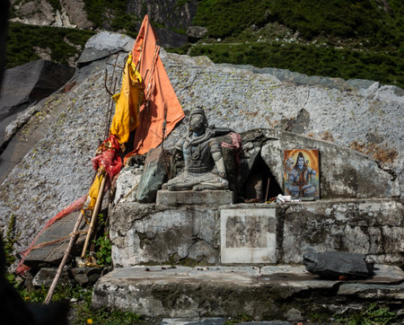 July25th2024, Himachal Pradesh, India. A vintage stone sculpture of Lord Shiva, set against the...