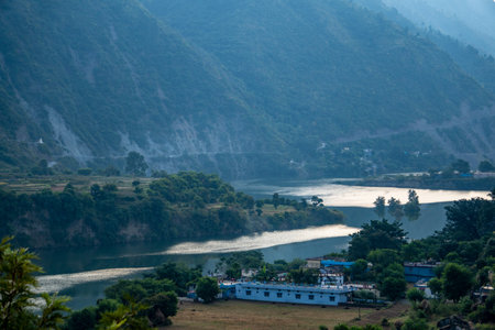 Nov. 3rd 2024 Uttarkashi Uttarakhand India. Village view at Chinyalisaur Town on Bhagirathi River...