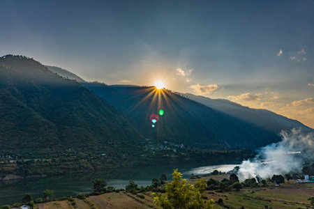 Nov. 3rd 2024 Uttarkashi Uttarakhand India. Village view at Chinyalisaur by the Bhagirathi River,...