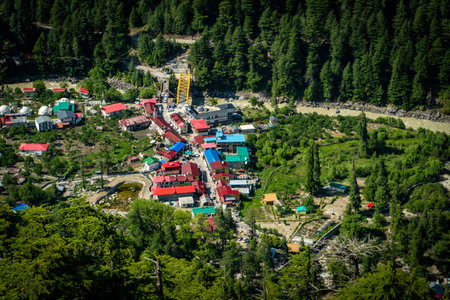 Stunning aerial view of Harsil Valley town in Uttarkashi, Uttarakhand, nestled in the Himalayas...