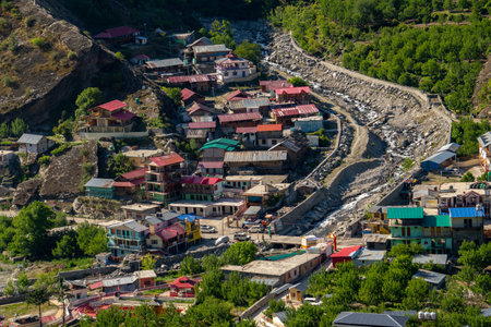 Stunning aerial view of Harsil Valley town in Uttarkashi, Uttarakhand, nestled in the Himalayas along Bhagirathi River.の写真素材