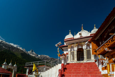 Mukhba Temple, also known as Mukhimath, is the winter abode of Goddess Ganga when Gangotri Temple closes due to snowfall. Harsil valley, Uttarkashi India.の写真素材