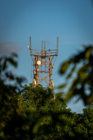 large telecom tower rising from forested land in Dehradun, Uttarakhand, symbolizing remote...
