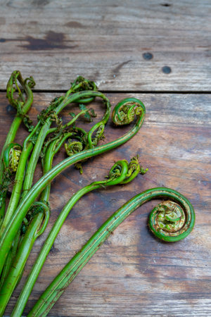 Fresh fiddlehead ferns (Diplazium esculentum), locally known as lingra or lishra, prepped for...