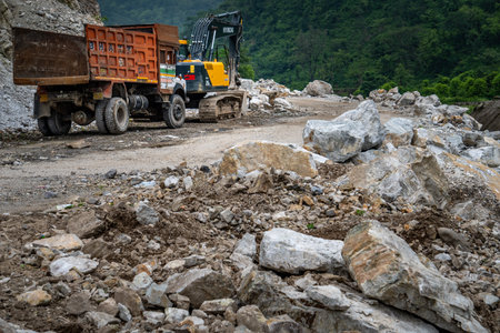 July19th2025 Dehradun Uttarakhand India. Heavy machinery including hydraulic trucks and earth movers...