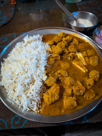 Nutritious soy chuk curry with rice, a protein-rich vegan Indian dish served fresh and wholesome