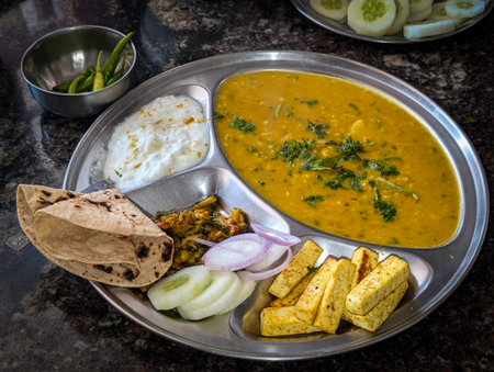 Traditional Indian thali with dal, roti, rice, and vegetables.