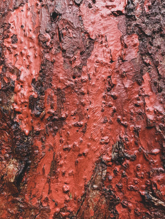 Close-up of a tree bark with red paint texture.の写真素材