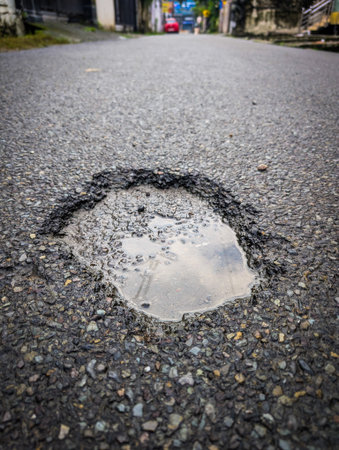 Close-up of a pothole filled with water on an asphalt road.の写真素材