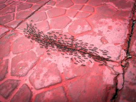A group of ants marching in a line on a red textured surface.の写真素材