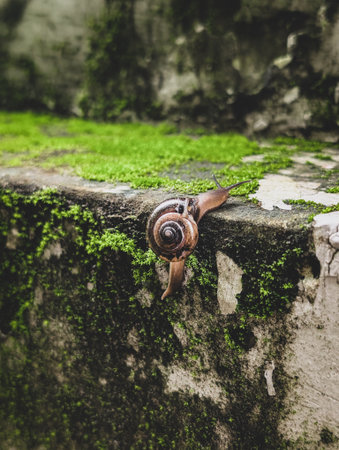 A snail crawling on a moss-covered concrete surface.の写真素材